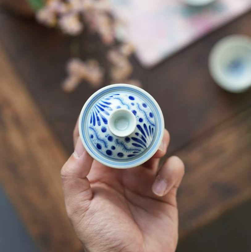 Teaware - Mini Gaiwan set (Blue and White, fish & seaweed, 50cc)
