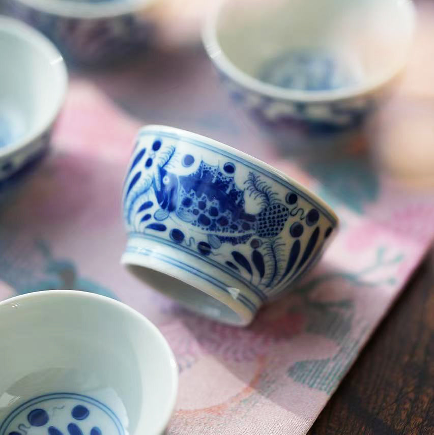 Teaware - Mini Gaiwan set (Blue and White, fish & seaweed, 50cc)