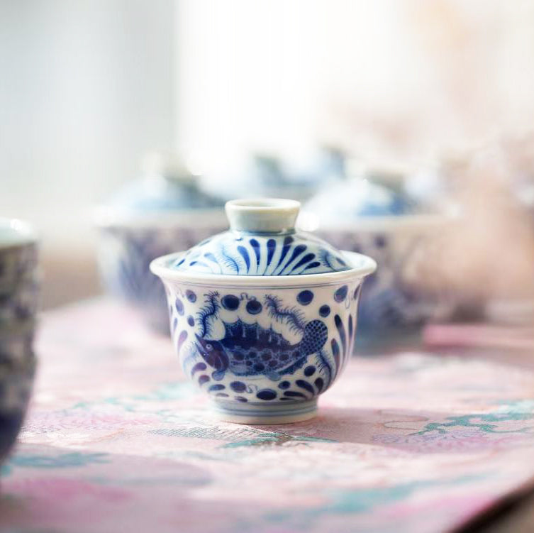 Teaware - Mini Gaiwan set (Blue and White, fish & seaweed, 50cc)
