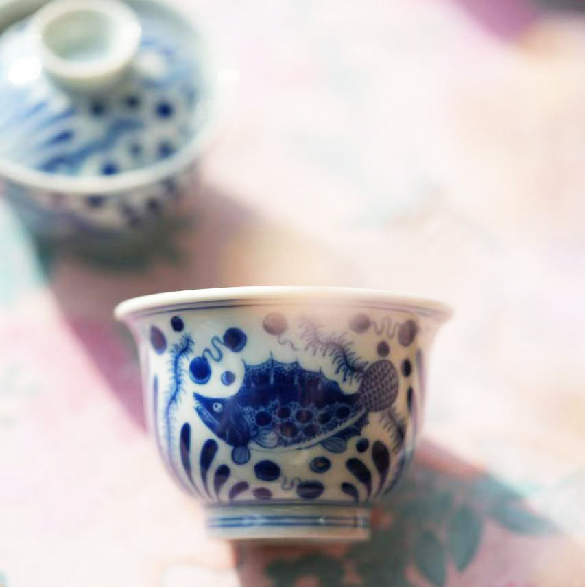 Teaware - Mini Gaiwan set (Blue and White, fish & seaweed, 50cc)