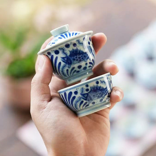 Teaware - Mini Gaiwan set (Blue and White, fish & seaweed, 50cc)